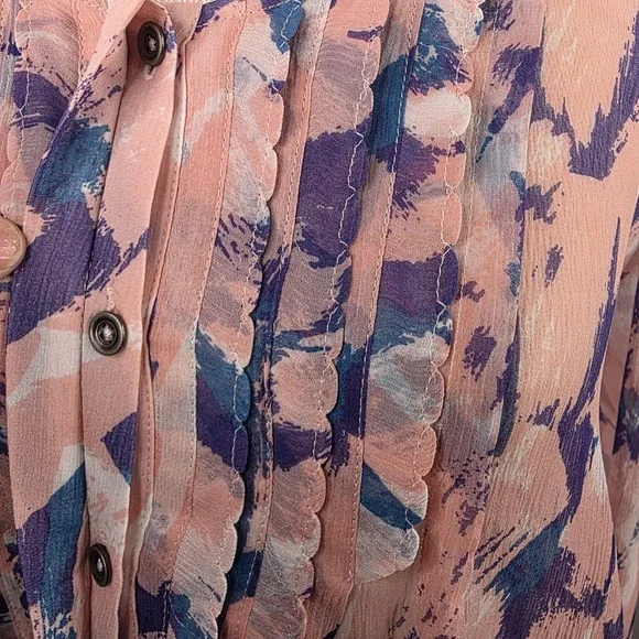 Maeve Anthropologie Silk Blouse SZ 4 Sheer Pink Blue Purple Abstract Long Sleeve - Picture 7 of 13